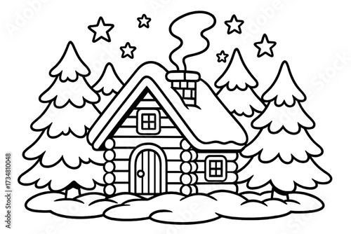 Winter Cabin Coloring. Holiday coloring page: winter cabin with chimney smoke, pine trees covered in snow, stars shining, black