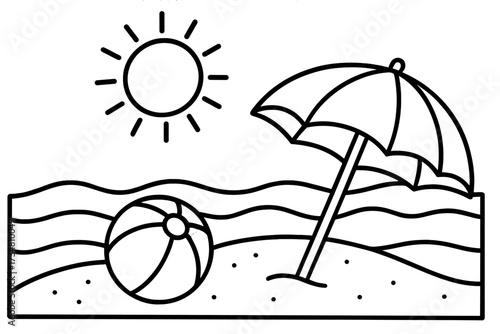 Beach Fun Coloring. Holiday coloring page: beach ball and umbrella on sandy beach, waves behind, sun above, black and white vector