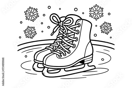 Ice Skates Coloring Page. Sports coloring page: ice skates with laces tied, snowflakes falling, rink behind, black and white