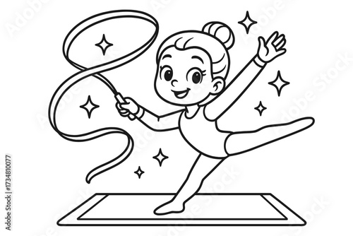 Gymnast Ribbon Coloring Page. Sports coloring page: gymnast with ribbon, stars sparkling, mat below, black and white vector line