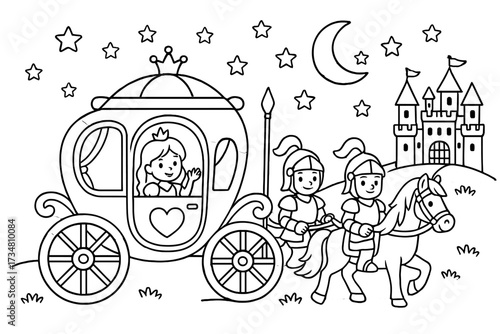 Princess' Royal Journey. Princess & Knights coloring page: royal carriage with horses, castle in distance, stars and moon above,