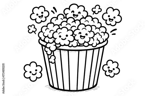 Popping Popcorn Party. Food coloring page: popcorn bucket overflowing, smiling kernels popping out, black and white vector line