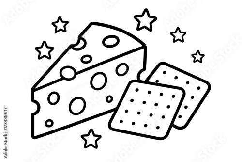 Cheese and Crackers Art. Food coloring page: cheese wedge with holes, crackers beside, stars floating, black and white vector line