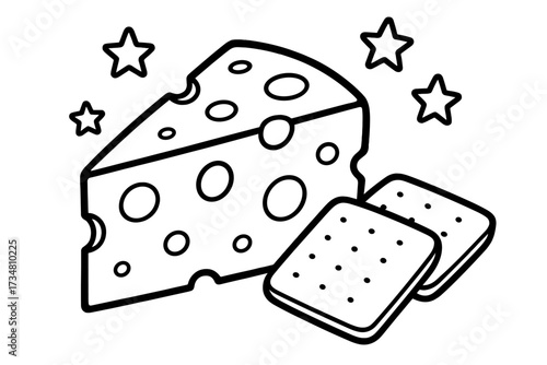 Cheese and Crackers Art. Food coloring page: cheese wedge with holes, crackers beside, stars floating, black and white vector line