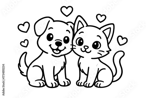 Puppy and Kitten Love. Animals & Pets coloring page: puppy and kitten sitting together, hearts floating around, black and white