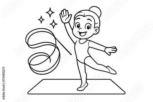 Gymnast Ribbon Twirl. Sports coloring page: gymnast with ribbon twirling, sparkles above, mat below, black and white vector line