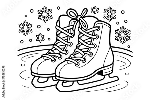 Cartoon Ice Skates. Sports coloring page: ice skates with laces tied, snowflakes falling, rink behind, black and white vector line