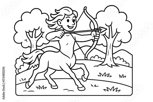 Galloping Centaur Adventure. Magical creatures coloring page: centaur galloping with bow in hand, trees and hills behind, black