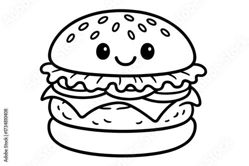 Cheerful Hamburger Art. Savory moment coloring page: hamburger with lettuce, tomato and cheese, sesame bun smiling, black and