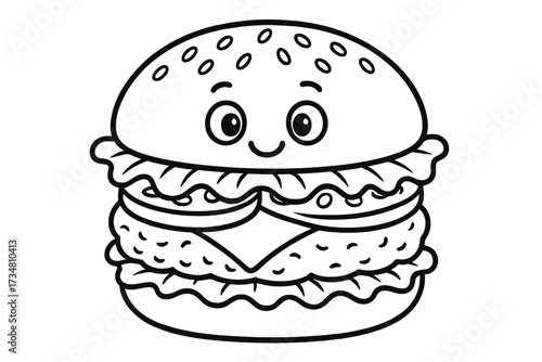 Cheerful Hamburger Art. Savory moment coloring page: hamburger with lettuce, tomato and cheese, sesame bun smiling, black and