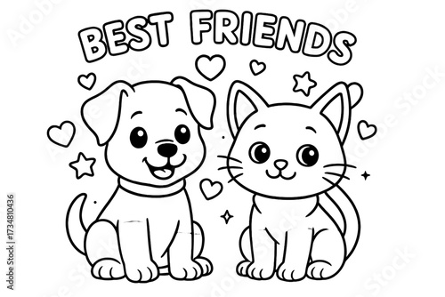 Puppy and Kitten Pals. Best friends coloring page: puppy and kitten sitting side by side, hearts and stars around, black and white
