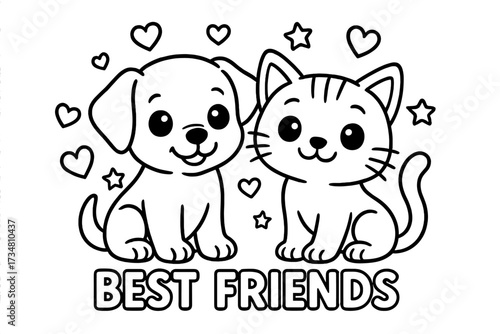 Puppy and Kitten Pals. Best friends coloring page: puppy and kitten sitting side by side, hearts and stars around, black and white