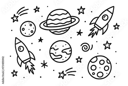 Doodle Space Adventure. Doodle universe with planets, moons, and rocket ships in black and white isolated transparent background