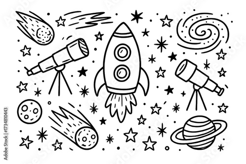 Cosmic Doodle Delight. Doodle cosmic fun with meteors, telescopes, and cute rockets in black and white isolated transparent