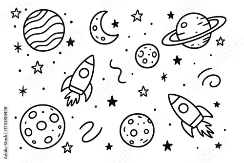 Doodle Space Adventure. Doodle universe with planets, moons, and rocket ships in black and white isolated transparent background