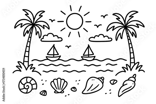 Tropical Doodle Seascape. Doodle tropical sea with palm trees, shells, and small boats in black and white isolated transparent