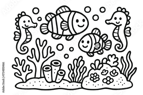Tropical Reef Doodle. Doodle tropical reef with clownfish, corals, and smiling seahorses in black and white isolated transparent
