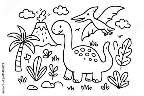 Prehistoric Doodle Scene. Playful doodle prehistoric land with brontosaurus, pterodactyl, and plants in black and white isolated
