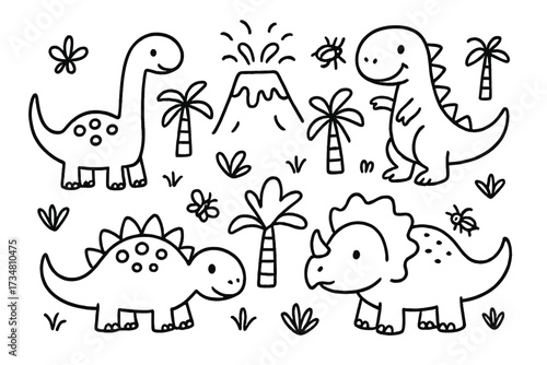 Doodle Dinosaurs and Volcanos. Friendly doodle dinosaurs with volcanos, palm trees, and little insects in black and white isolated