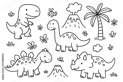 Doodle Dinosaurs and Volcanos. Friendly doodle dinosaurs with volcanos, palm trees, and little insects in black and white isolated