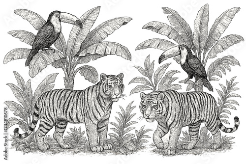 Tropical Wildlife Illustration. Tropical drawing scene with tigers, toucans, and banana trees in black and white isolated