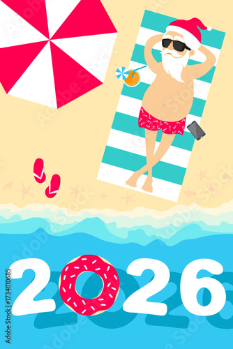 Christmas holiday. Santa Claus relaxing on the beach. 2026 inflatable donuts. Greeting Christmas card