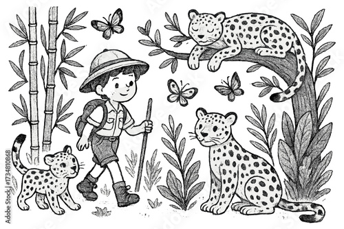 Whimsical Jungle Exploration. Whimsical jungle exploration drawing with butterflies, leopards, and bamboo in black and white