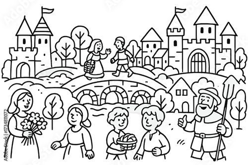 Medieval Village Scene. Friendly medieval line art with castles, bridges, and happy villagers in black and white isolated