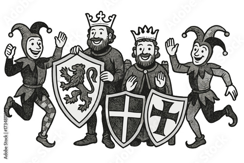 Medieval Jester Kings. Playful medieval scene with jesters, shields, and smiling kings in black and white isolated transparent
