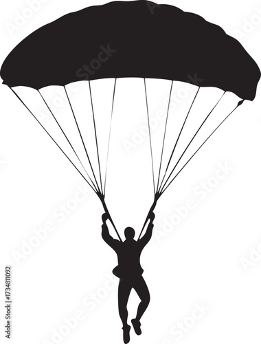 Silhouette of a skydiver descending under an open parachute against a