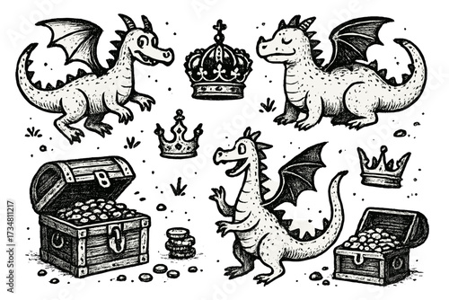 Medieval Dragons and Treasures. Quirky medieval illustration with dragons, crowns, and treasure chests in black and white isolated