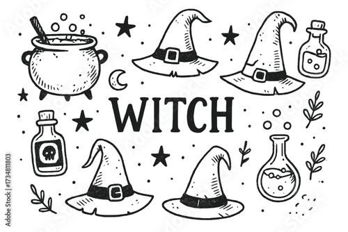 Witch Party Illustration. Hand-drawn witch party with cauldrons, hats, and potions, center word “Witch” in black and white
