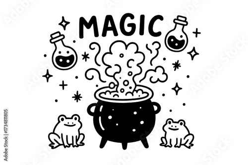 Halloween Magic Cauldron. Doodle halloween cauldron with potions, smoke, and frogs, center word “Magic” in black and white