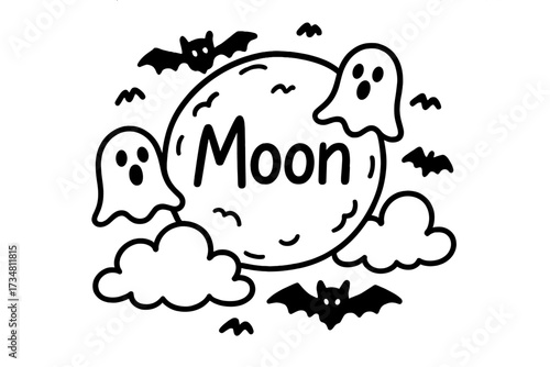 Halloween Moon Doodle. Doodle halloween moon with clouds, bats, and ghosts, center word “Moon” in black and white isolated