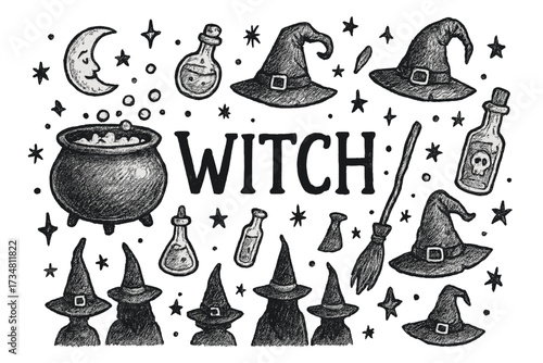 Witch Party Illustration. Hand-drawn witch party with cauldrons, hats, and potions, center word “Witch” in black and white