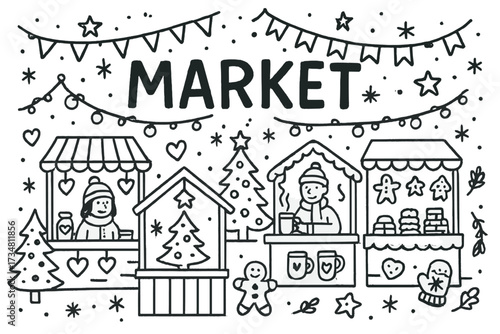 Festive Market Doodle. Doodle christmas market with stalls, garlands, and cookies, center word “Market” in black and white