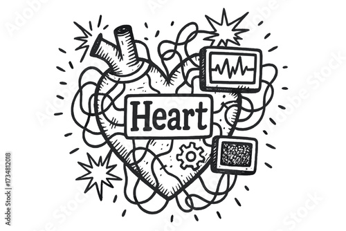 Mechanical Heart Doodle. Doodle mechanical heart with wires, screens, and sparks, center word “Heart” in black and white isolated