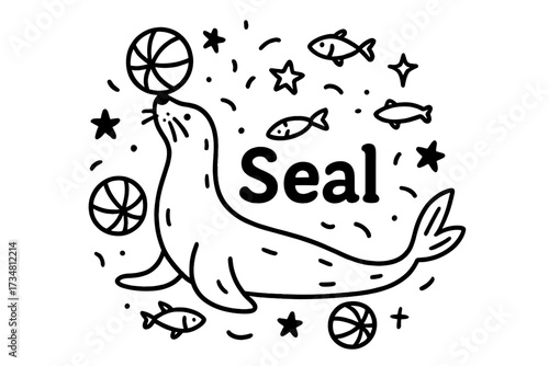 Seal's Circus Act. Doodle seal performance with balls, fish, and stars, center word “Seal” in black and white isolated transparent
