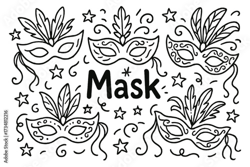 Carnival Mask Doodle. Doodle carnival masks with stars, feathers, and ribbons, center word “Mask” in black and white isolated