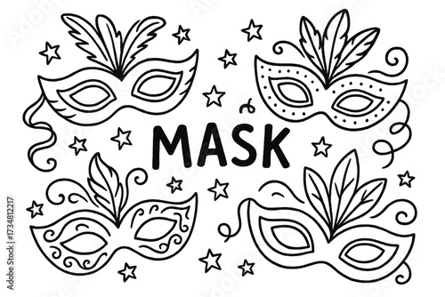 Carnival Mask Doodle. Doodle carnival masks with stars, feathers, and ribbons, center word “Mask” in black and white isolated
