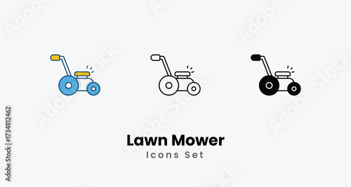Lawn Mower icon - Gardening and Landscaping Tool Symbol in Line and Flat Style and black Glyph Vector ilustration