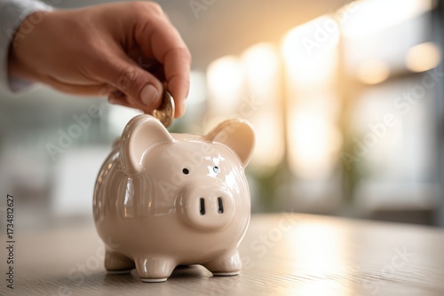 Hand adding coin to piggy bank for savings. Financial planning for the future with investment strategy, and wealth management for long term growth and security, home savings plan.