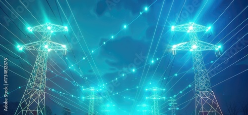 Glowing teal power lines and transmission towers stretch across a twilight sky, creating a futuristic energy grid aesthetic