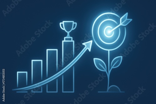 Bar chart with trophy and target symbolizing success and achievement 
