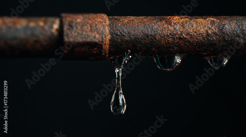  Water drops  dripping from a rusty metal pipe.