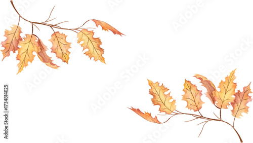 Watercolor autumn foliage illustration with oak leaves and branches for seasonal designs and decor ideas