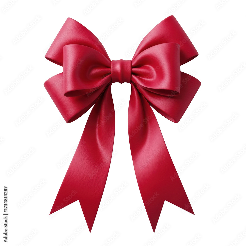 Naklejka premium Luxurious vibrant crimson red satin bow, perfectly tied with voluminous loops and flowing tails, shimmering texture, isolated on transparent studio background with soft light, concept of high-end