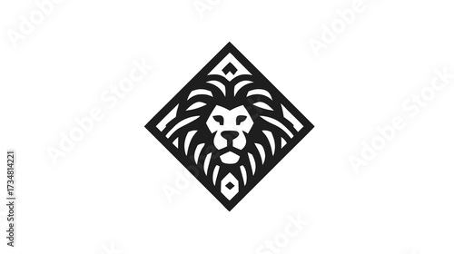 Majestic lion head illustration in a geometric diamond shape. Modern minimalist vector icon, black and white symbol of strength and power.