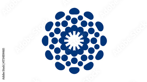 Abstract dark blue circular dot pattern with radial symmetry on a white background. Modern geometric graphic design element.