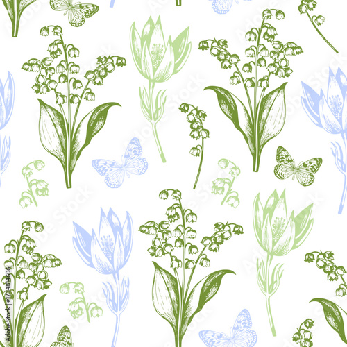 Seamless pattern of lily of the valley flowers and butterflies